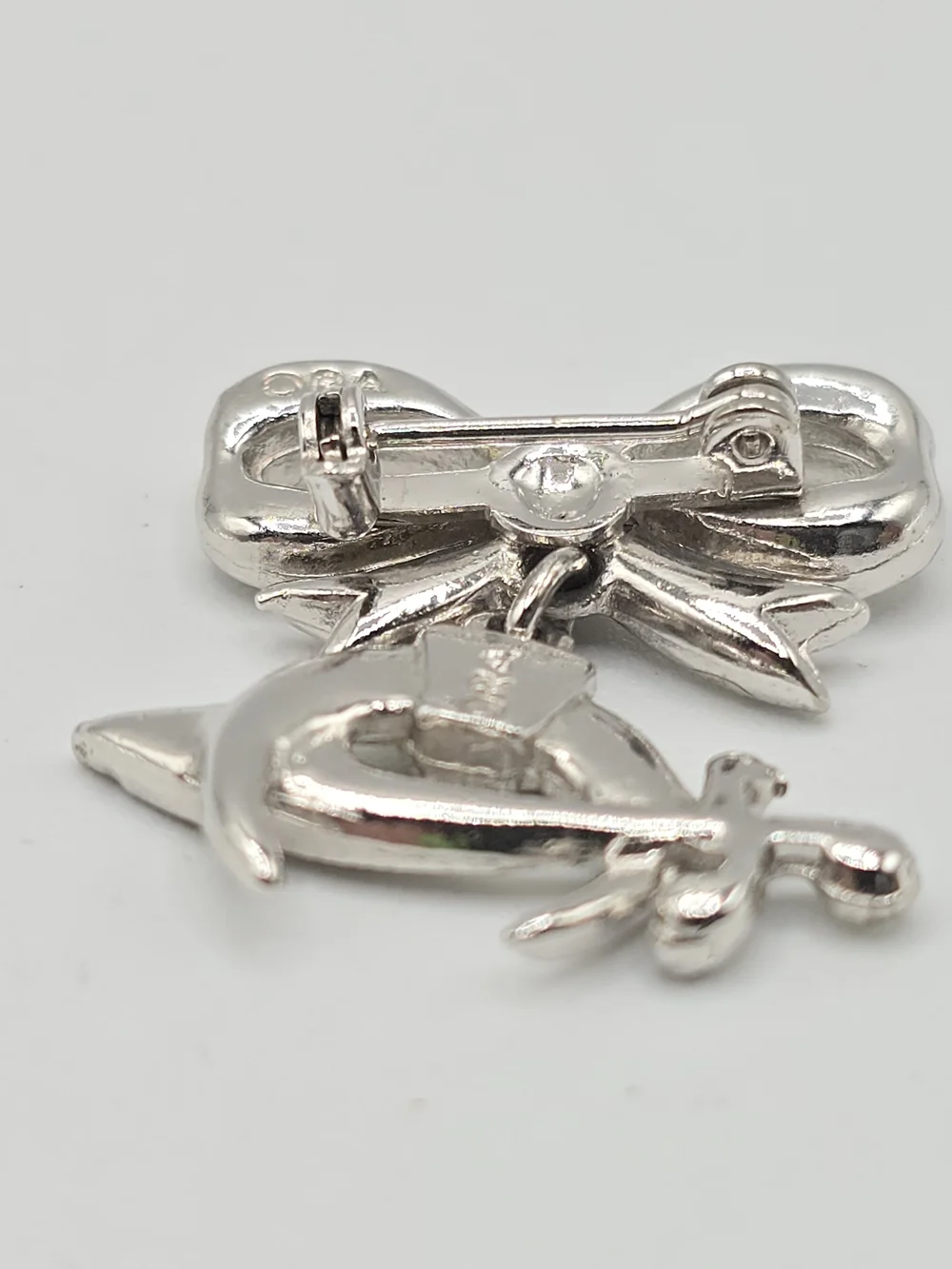 Vintage ORA Rhinestone Bow Shriners Scimitar Dangle Brooch Silver Tone Pin 1